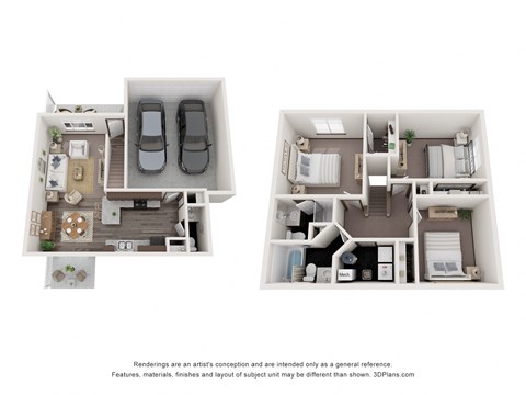 Floor plan for 3 beds, 2.5 baths, 1280 sqft